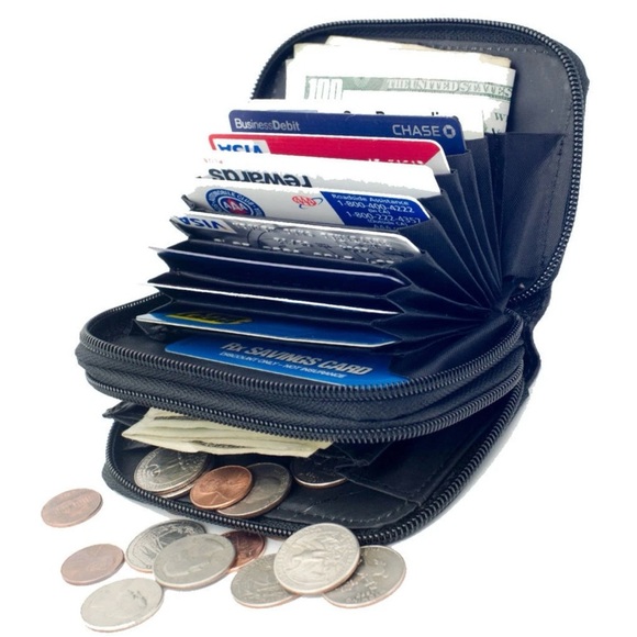Black Leather Accordion Ladies Wallet ID Credit Card Case Holder Zip Around - Picture 1 of 7